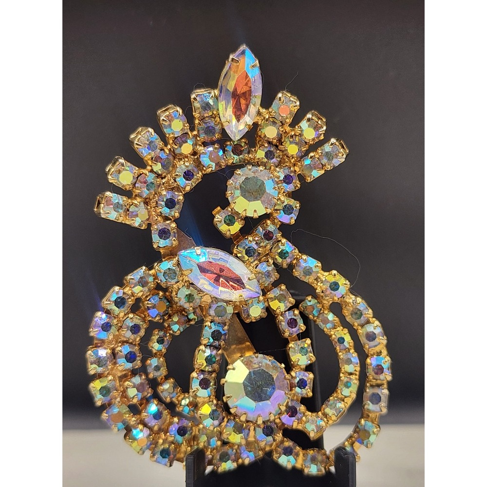 Vintage Aurora Borealis Rhinestone Brooch Gold Tone Tiered Swirl Statement Pin